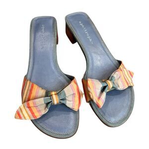 Apostrophe blue leather mules with striped bow detail Size 9